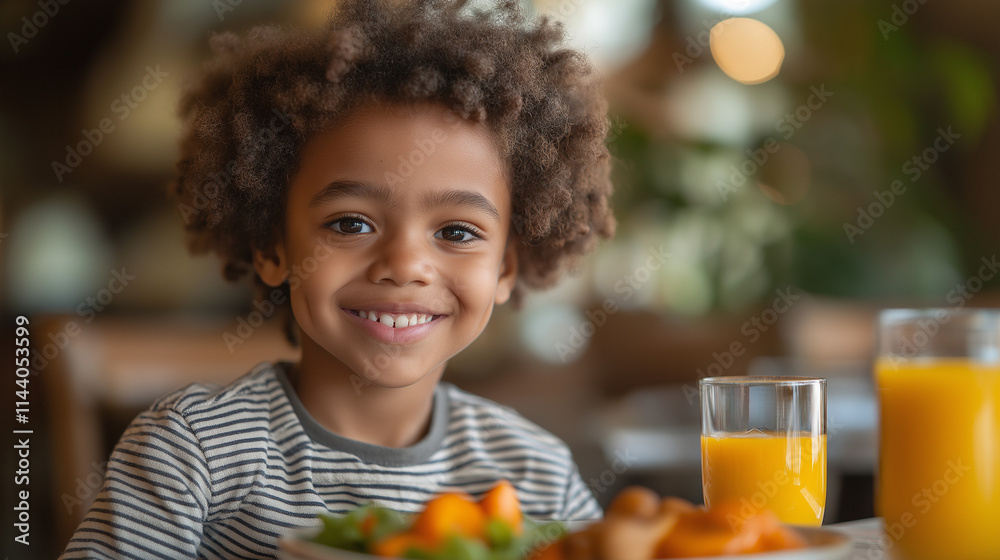 Smiling boy having breakfast at dining table Smiling boy having breakfast at dining table
