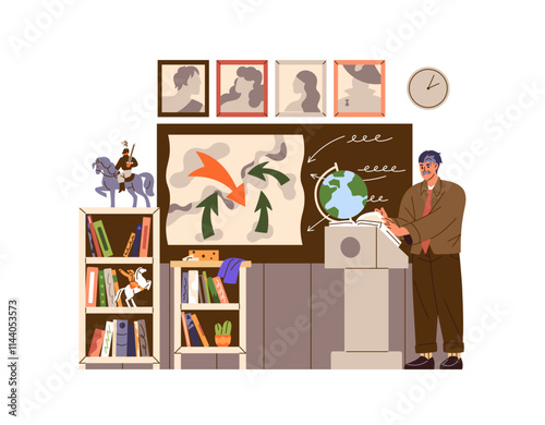 History teacher explains class, course at tribune at lesson. Man teaches with map in school. Historian tells near blackboard in classroom. Flat isolated vector illustration on white background