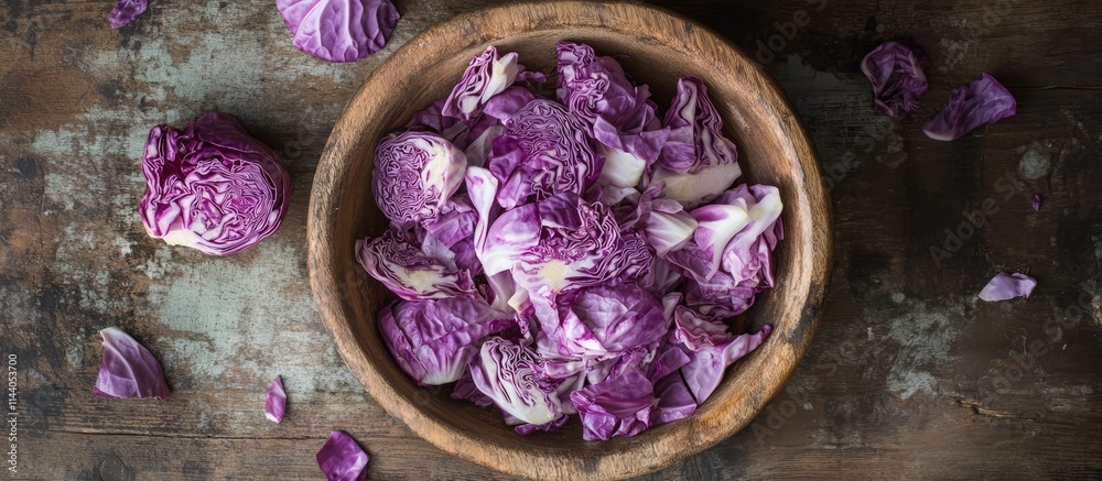 Vibrant purple cabbage in a rustic wooden bowl on a textured table perfect for healthy meal prep and culinary art styling Vibrant purple cabbage in a rustic wooden bowl on a textured table perfect for healthy meal prep and culinary art styling