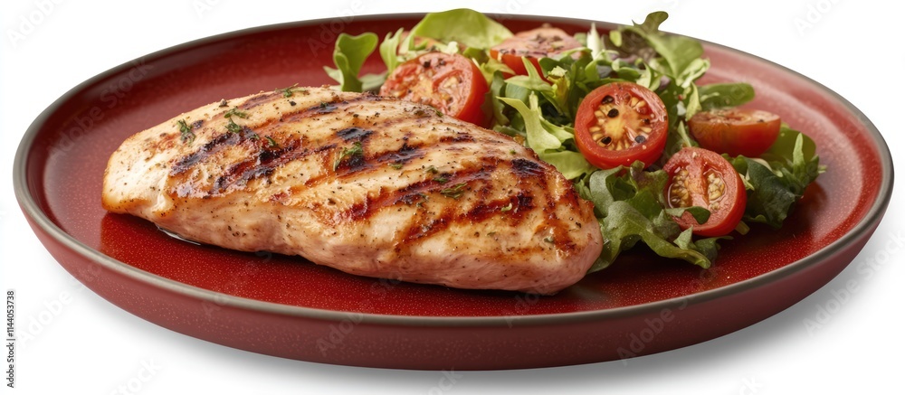 Grilled chicken fillet with fresh salad and tomatoes on a red plate against a white background showcasing healthy meal presentation