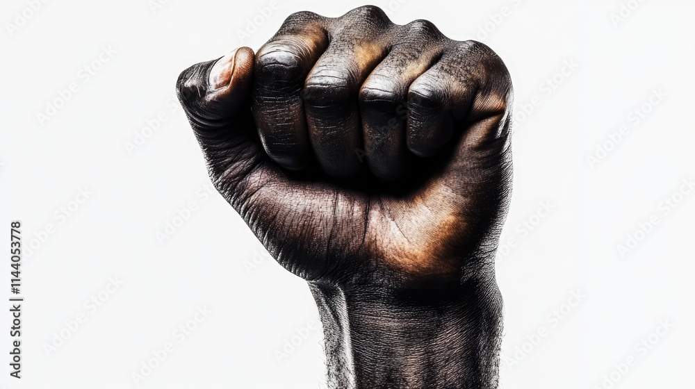 Clenched fist symbolizing strength and resilience displayed against a clean white background for impactful visual storytelling. Clenched fist symbolizing strength and resilience displayed against a clean white background for impactful visual storytelling.
