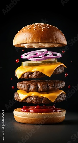 elements of a hamburger floating separately in the air photo