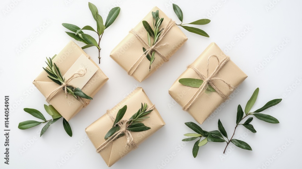 Handmade gift boxes wrapped in craft paper and adorned with greenery on a white background Flat lay composition with copy space
