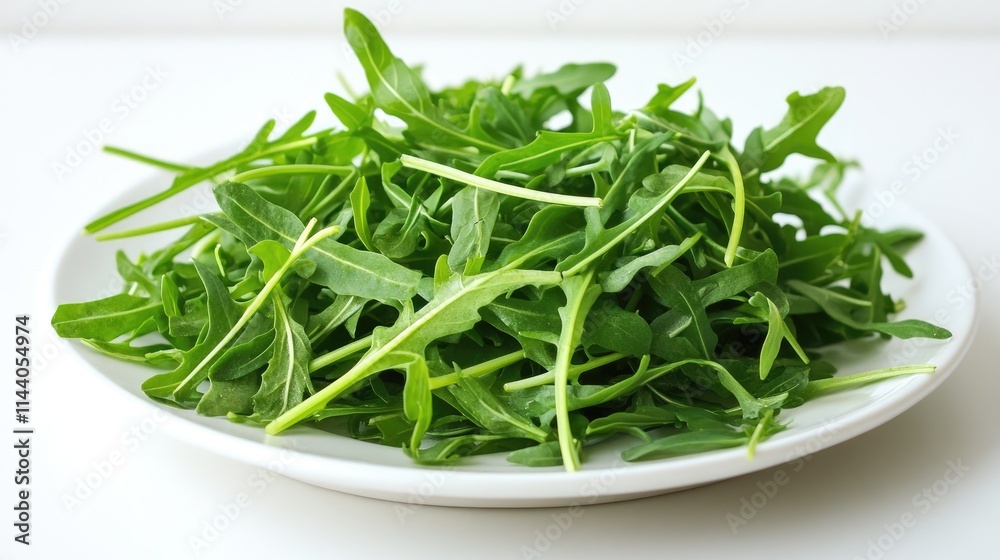 Vibrant fresh arugula salad served on a classic white plate highlighting the lush greens and texture of the leaves. Vibrant fresh arugula salad served on a classic white plate highlighting the lush greens and texture of the leaves.