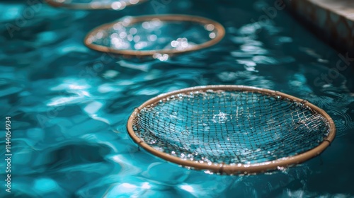 Hand sieves for pool maintenance floating in clear water, ideal for removing grime and debris while ensuring a clean swimming environment.