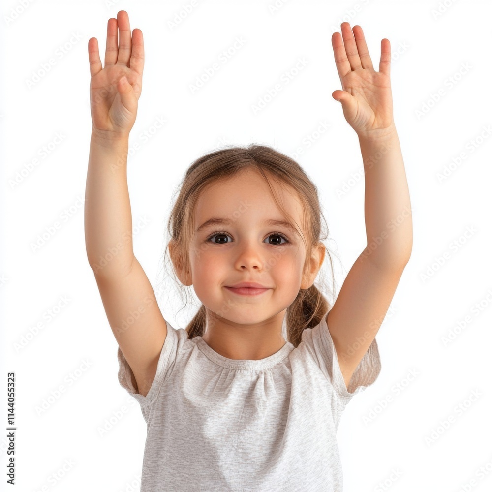 Joyful young girl with hands raised, expressing excitement and happiness in a bright, cheerful setting Joyful young girl with hands raised, expressing excitement and happiness in a bright, cheerful setting