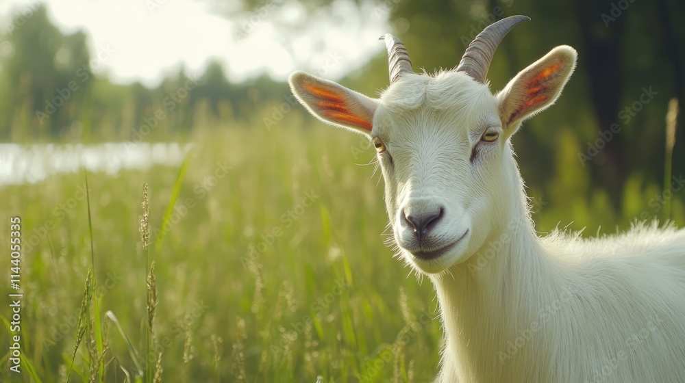 Closeup portrait of a white goat in a lush green pasture with soft natural lighting and serene background atmosphere.