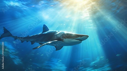 Majestic hammerhead shark gracefully swimming in open blue water with rays of sunlight penetrating the surface and creating a serene tranquil underwater scene