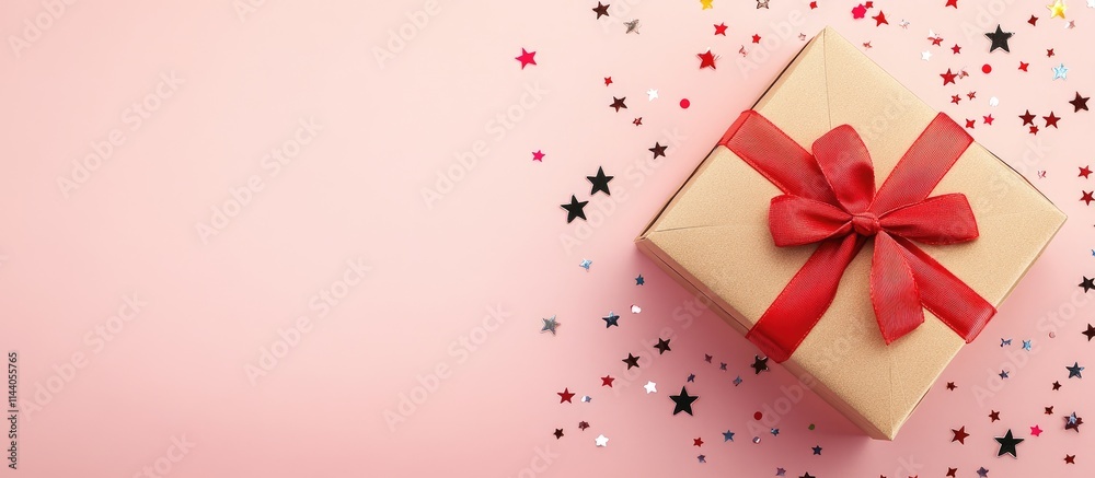 Kraft paper gift box with red bow and star confetti on pink background perfect for celebration and festive occasions web banner Kraft paper gift box with red bow and star confetti on pink background perfect for celebration and festive occasions web banner