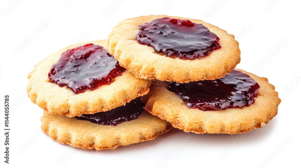 Homemade fruit jam filled cookies stacked on a plain white background displaying a delicious treat ideal for desserts or snacks Homemade fruit jam filled cookies stacked on a plain white background displaying a delicious treat ideal for desserts or snacks