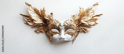 Elegant golden carnival mask with intricate designs and feather accents displayed against a clean white background for festive themes. photo