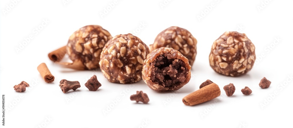 Artisan pralines with spices on a clean white background depicting delicious handcrafted chocolate treats for gourmet desserts Artisan pralines with spices on a clean white background depicting delicious handcrafted chocolate treats for gourmet desserts