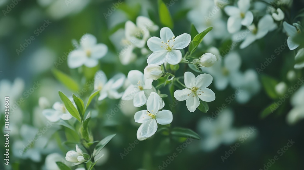 Delicate White Flowers with Lush Green Foliage in a Serene Natural Setting for Fresh Bloom Imagery Delicate White Flowers with Lush Green Foliage in a Serene Natural Setting for Fresh Bloom Imagery