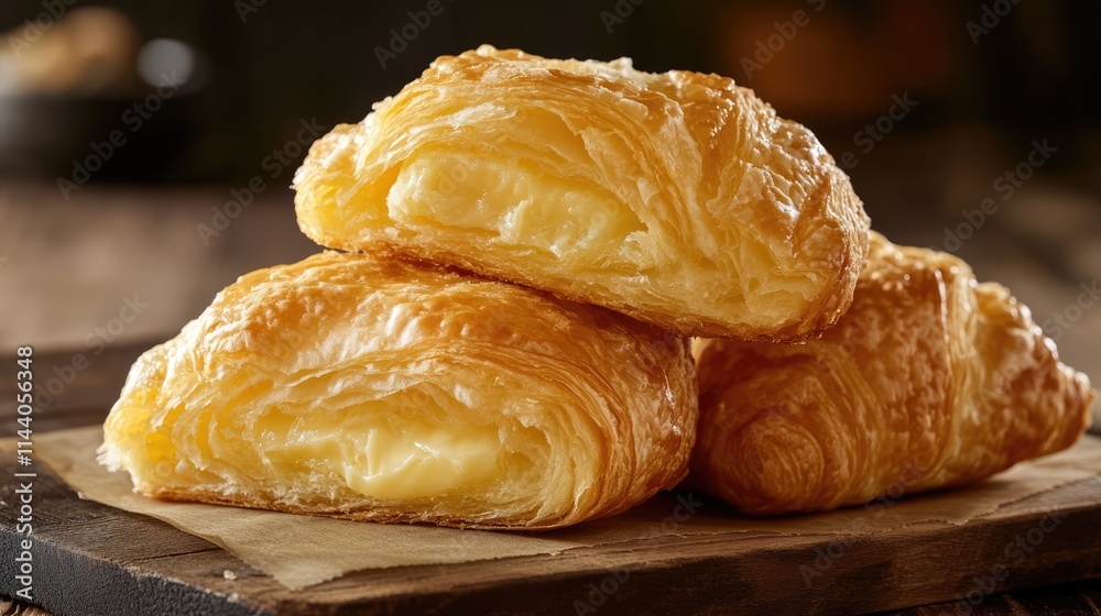 Warm golden butter croissants stacked on wooden board showcasing flaky pastry and creamy filling in rustic kitchen setting Warm golden butter croissants stacked on wooden board showcasing flaky pastry and creamy filling in rustic kitchen setting
