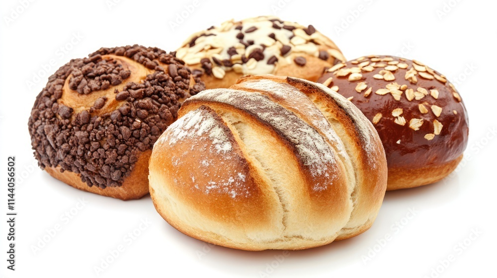 Assorted fresh bread rolls with chocolate and nut toppings on a white background showcasing variety in flavors and textures. Assorted fresh bread rolls with chocolate and nut toppings on a white background showcasing variety in flavors and textures.