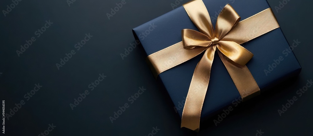 Elegant Christmas gift box with golden ribbon on dark background ideal for New Year and holiday card designs with free space for text Elegant Christmas gift box with golden ribbon on dark background ideal for New Year and holiday card designs with free space for text