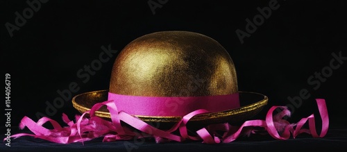 Gold bowler hat with pink streamers on a black background perfect for celebration or festive occasions photo