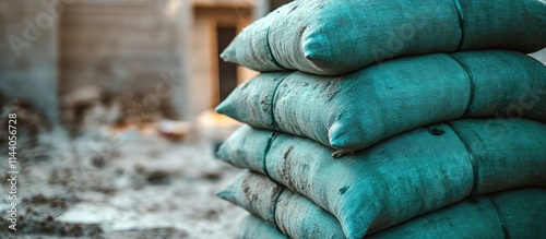 Green sandbags stacked securely at a construction site ensuring support and stability for ongoing building projects and earthworks. photo