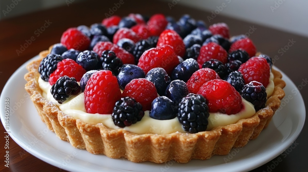 Delicious berry and cream tartlet topped with an assortment of fresh raspberries, blueberries, and blackberries on a crisp pastry crust. Delicious berry and cream tartlet topped with an assortment of fresh raspberries, blueberries, and blackberries on a crisp pastry crust.