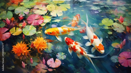 Vibrant koi fish swimming in a tranquil pond surrounded by lush lotus flowers creating a serene and harmonious Asian garden landscape