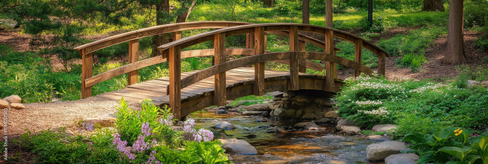 Tranquil Wooden Bridge over a Stream in Nature Tranquil Wooden Bridge over a Stream in Nature