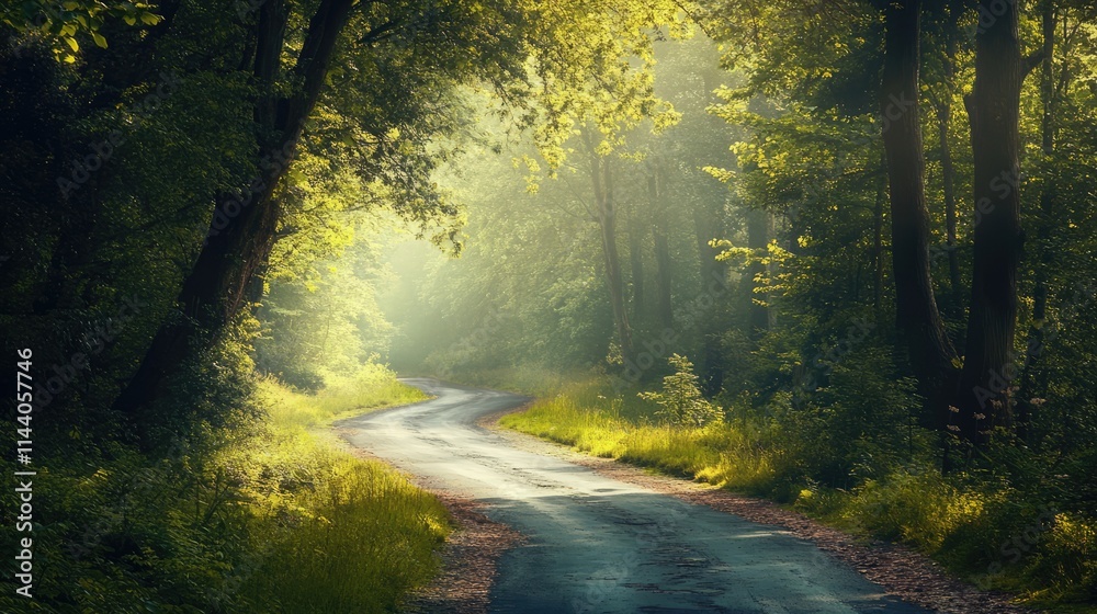 Serene winding road through sunlit forest greenery inviting exploration and connection with nature Serene winding road through sunlit forest greenery inviting exploration and connection with nature