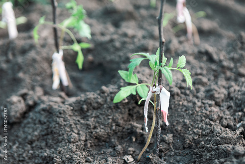 Obraz na płótnie Young plants of tomato seedlings, that have been recently planted in soil. Plant is supported by a small stick and tied. Early stage of plant cultivation, and support needed for plants grow properly w salonie