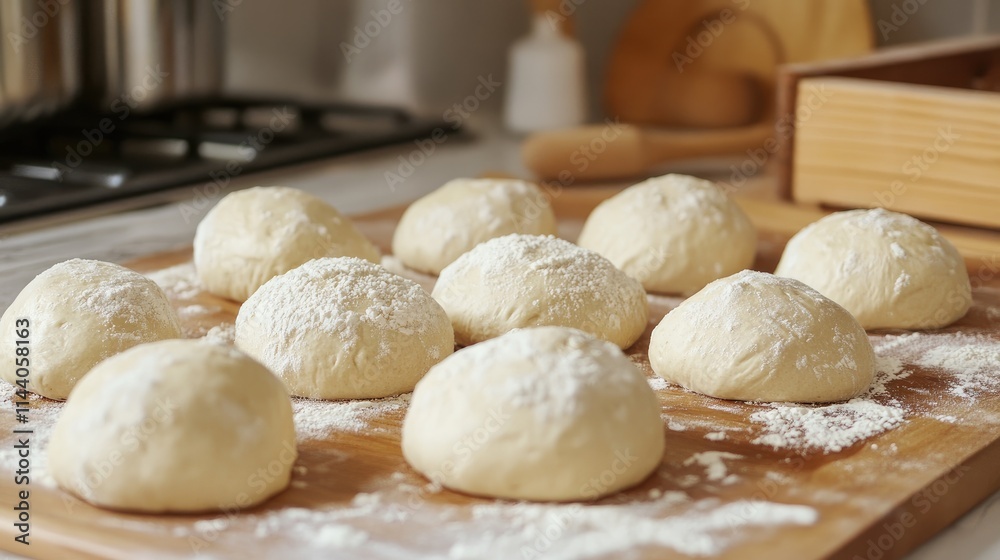 Homemade dough balls ready for baking on a wooden surface with flour sprinkled around in a cozy kitchen setting. Homemade dough balls ready for baking on a wooden surface with flour sprinkled around in a cozy kitchen setting.