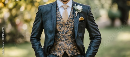 Elegant groom attire featuring a stylish suit and intricate vest for a memorable wedding celebration photo