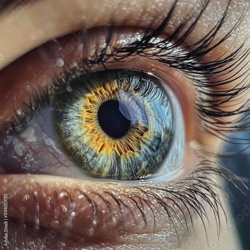 Close-up of a vibrant green and amber human eye reflecting scenic landscape