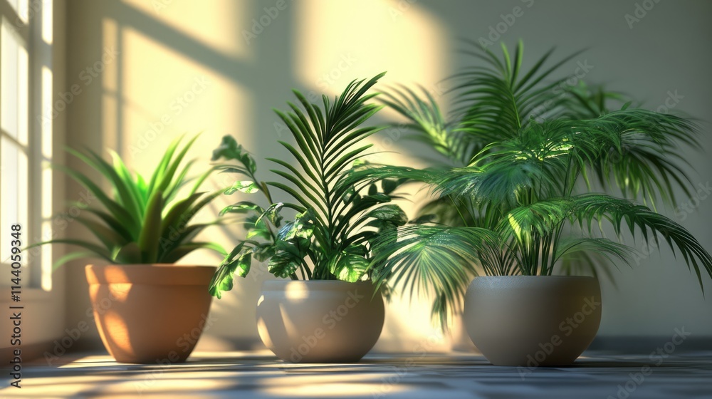 Fototapeta premium Indoor planting setup with potted plants basking in sunlight showcasing vibrant greenery and tranquility in a serene environment