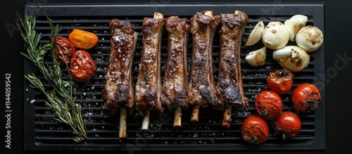 Grilled meat ribs beautifully plated with fresh vegetables and herbs ready for a delicious meal on a black grill surface.