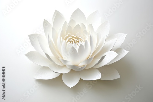 Close-up of a pristine white paper lotus flower on a light background.