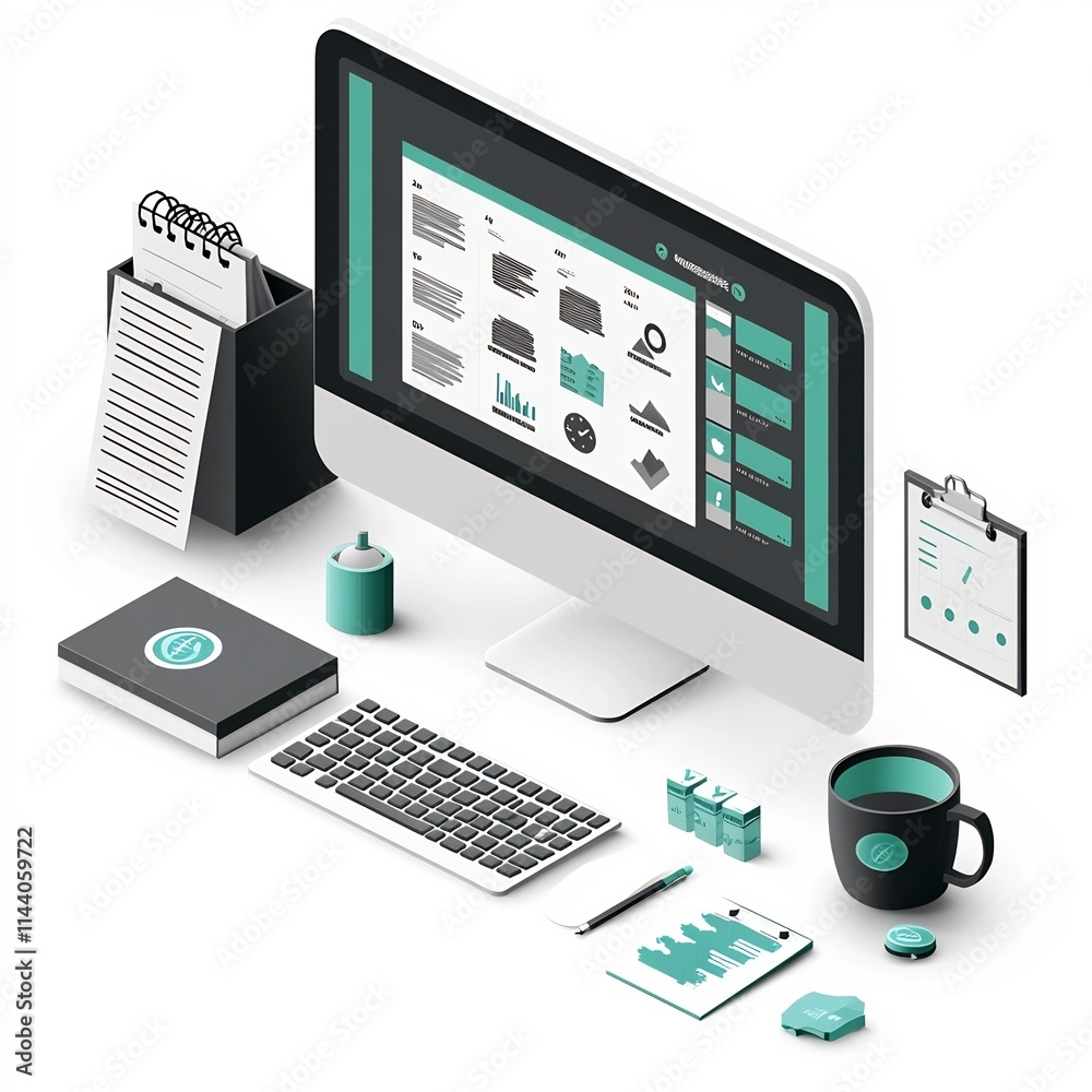 Simple Isometric Infographic of a Campaign Manager Reviewing Key Performance Indicators on a Simple Isometric Infographic of a Campaign Manager Reviewing Key Performance Indicators on a