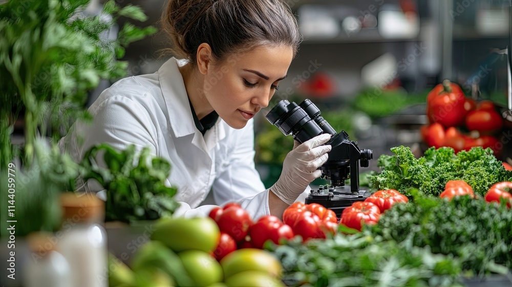Food Scientist Examining Produce Under Microscope Quality Control Safety Food Production Ensuring Freshness Nutritional Value Fruits Vegetables Food Scientist Examining Produce Under Microscope Quality Control Safety Food Production Ensuring Freshness Nutritional Value Fruits Vegetables