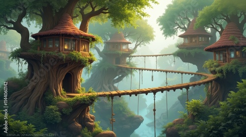 A whimsical treehouse village, interconnected with swing bridges.