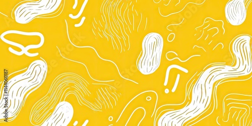 A seamless doodle banner featuring a playful pattern of yellow ramen noodles on a pristine white background. The wavy, abstract design of the noodles creates a dynamic and visually engaging pattern photo