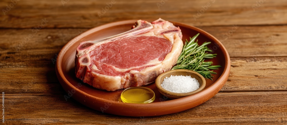 Grilled pork rib chop steak on a rustic clay plate with mustard oil salt and fresh rosemary displayed on a wooden countertop backdrop Grilled pork rib chop steak on a rustic clay plate with mustard oil salt and fresh rosemary displayed on a wooden countertop backdrop