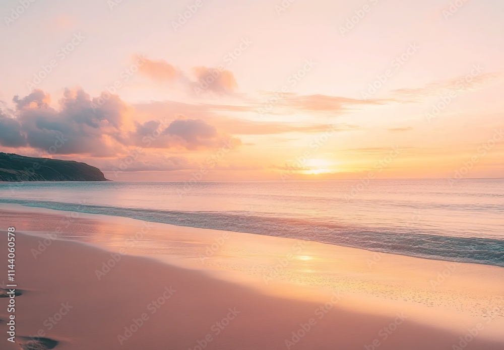Obraz premium Beautiful beach with a pink and orange sunset sky, calm ocean water, and a summer vacation background.