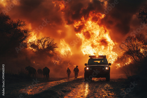 Wildlife reserve ablaze as park rangers evacuate animals in the midst of chaos. Generative AI