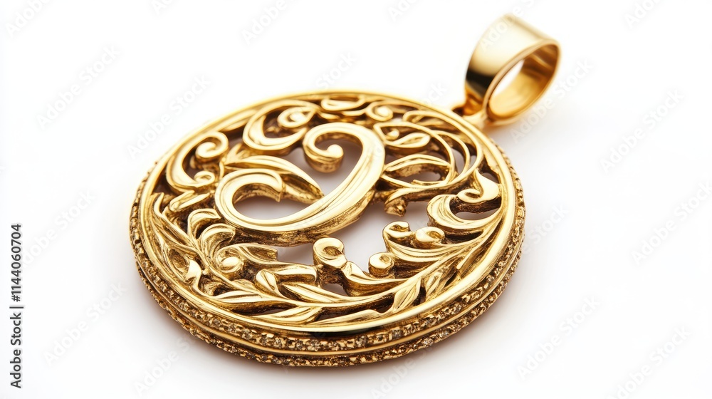 Elegant gold pendant featuring intricate floral design and a letter accent isolated on a clean white background in macro detail. Elegant gold pendant featuring intricate floral design and a letter accent isolated on a clean white background in macro detail.