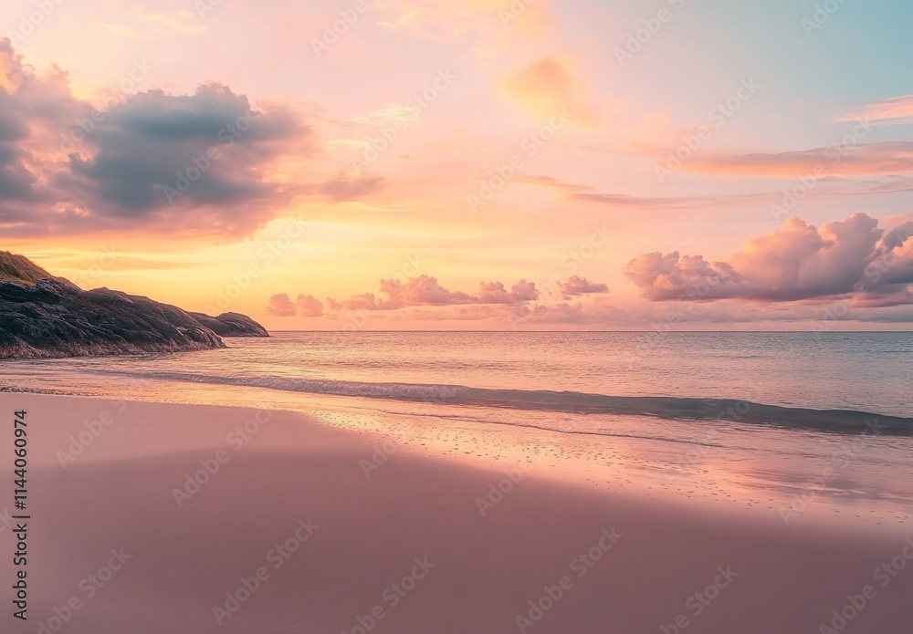 Fototapeta premium Beautiful beach with a pink and orange sunset sky, calm ocean water, and a summer vacation background.