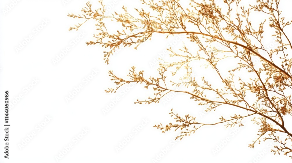 Elegant golden branches of a tree isolated on a white background showcasing nature's beauty and intricate details in a minimalist design. Elegant golden branches of a tree isolated on a white background showcasing nature's beauty and intricate details in a minimalist design.
