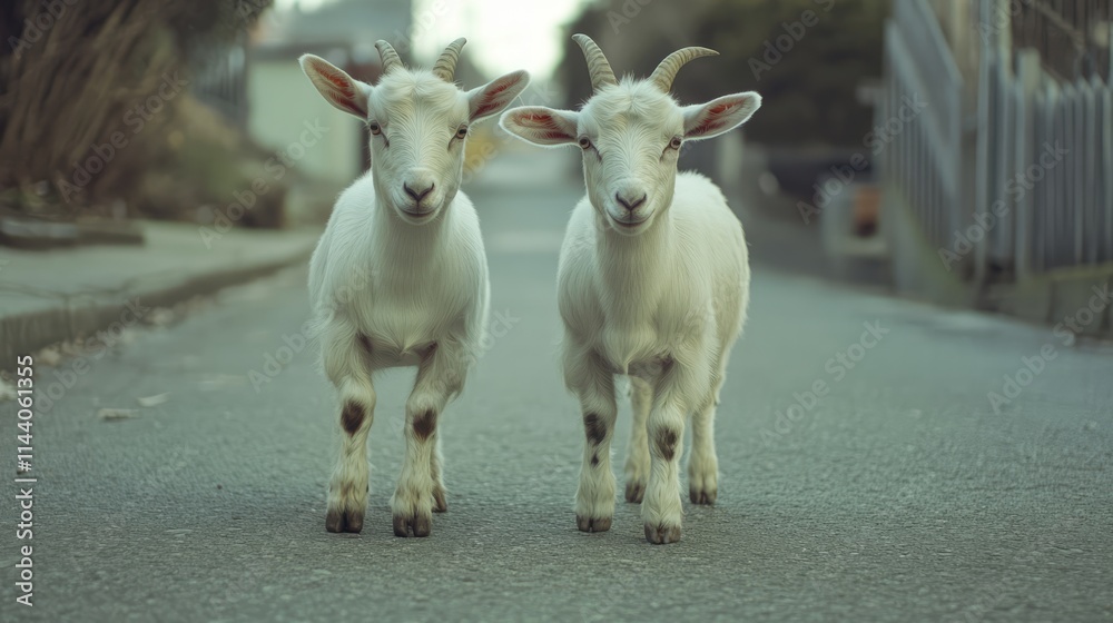 Two white domestic goats walking together on a quiet street creating a charming rural scene in a serene neighborhood setting. Two white domestic goats walking together on a quiet street creating a charming rural scene in a serene neighborhood setting.
