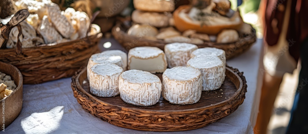 Artisanal goat cheese displayed on a rustic wooden platter at a vibrant medieval festival setting Artisanal goat cheese displayed on a rustic wooden platter at a vibrant medieval festival setting