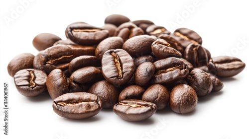 freshly roasted coffee beans piled on a white background showcasing rich color and texture ideal for coffee-related concepts or marketing