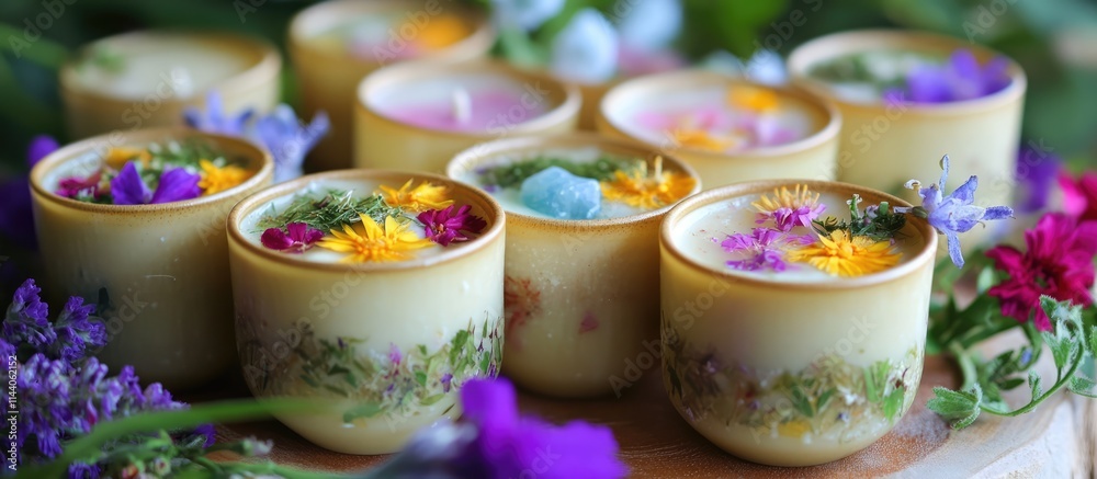 Handcrafted soy candles with colorful flowers herbs and healing crystals ideal for enhancing relaxation and creating a soothing atmosphere Handcrafted soy candles with colorful flowers herbs and healing crystals ideal for enhancing relaxation and creating a soothing atmosphere