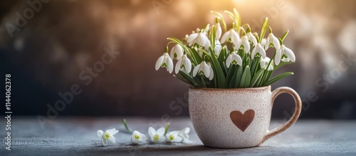 Snowdrops in handmade mug symbolizing spring and love with soft warm lighting and floral backdrop for seasonal decorations and themes photo