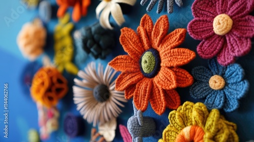 Colorful handmade felt flowers arranged intricately on a blue backdrop showcasing vibrant craftsmanship and artistic creativity photo