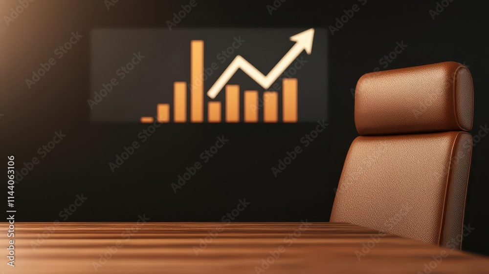 Stylized business meeting room with a large projection screen displaying a profit graph, symbolizing corporate strategy and financial presentations Stylized business meeting room with a large projection screen displaying a profit graph, symbolizing corporate strategy and financial presentations